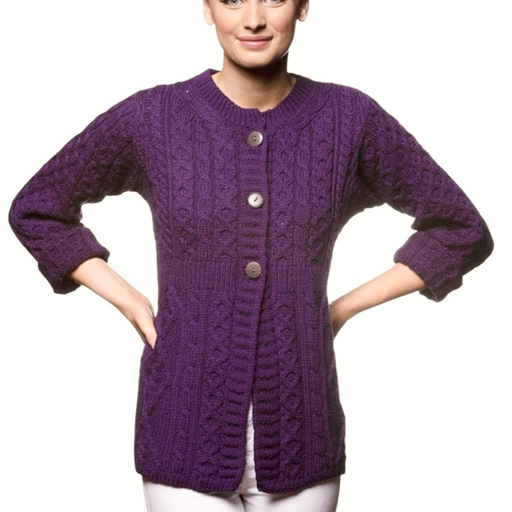 Kilronan Irish 100% Wool Cable Knit Cardigan Purple Size XS